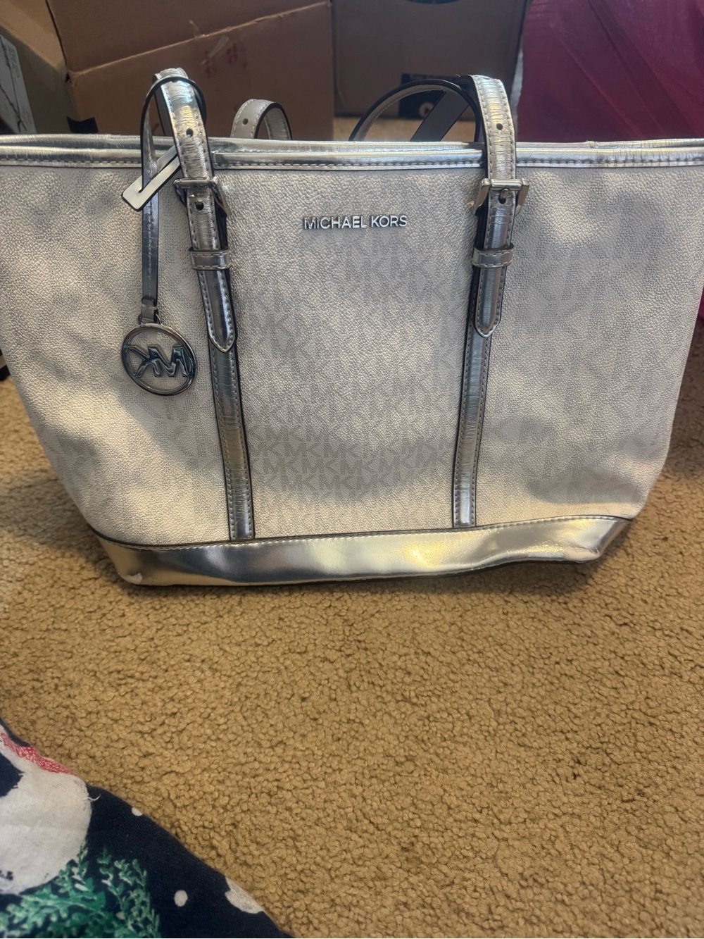 Michael Kors Silver and white tote